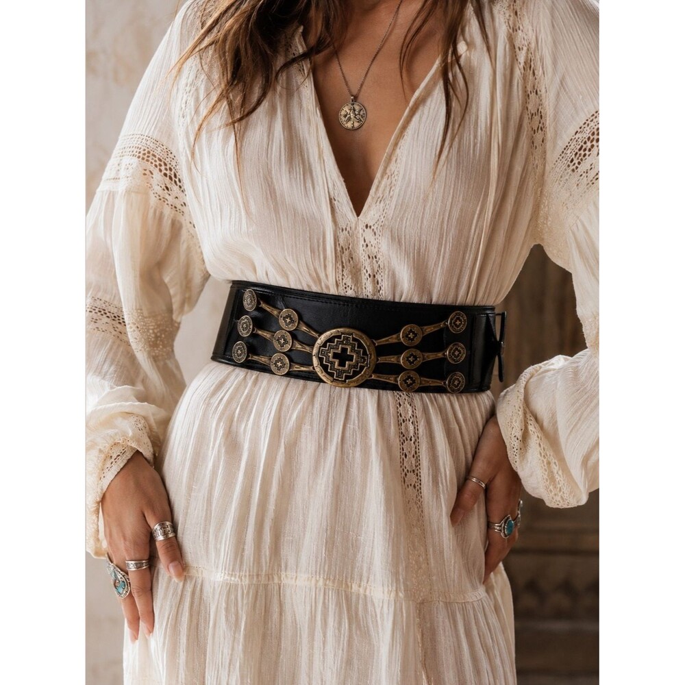 Genuine Leather Southwestern Concho Waist Belt Black Wide Western Boho Festival